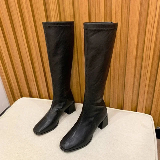 Women Boots 2023 Winter New Fashion Women Knee-High-Boots Soft Leather Long Booties Ladies Partys Square Heel Shoes Zapatos