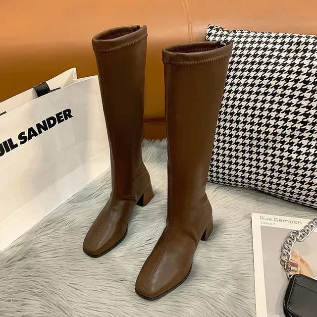 Women Boots 2023 Winter New Fashion Women Knee-High-Boots Soft Leather Long Booties Ladies Partys Square Heel Shoes Zapatos