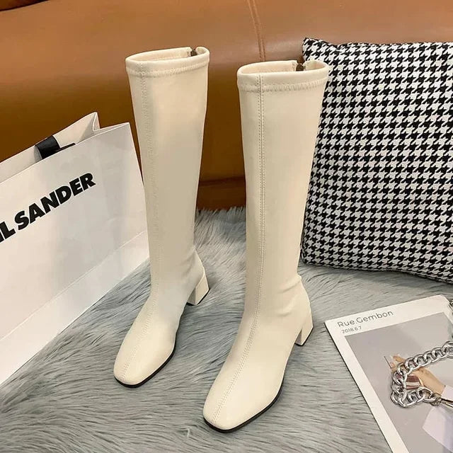 Women Boots 2023 Winter New Fashion Women Knee-High-Boots Soft Leather Long Booties Ladies Partys Square Heel Shoes Zapatos