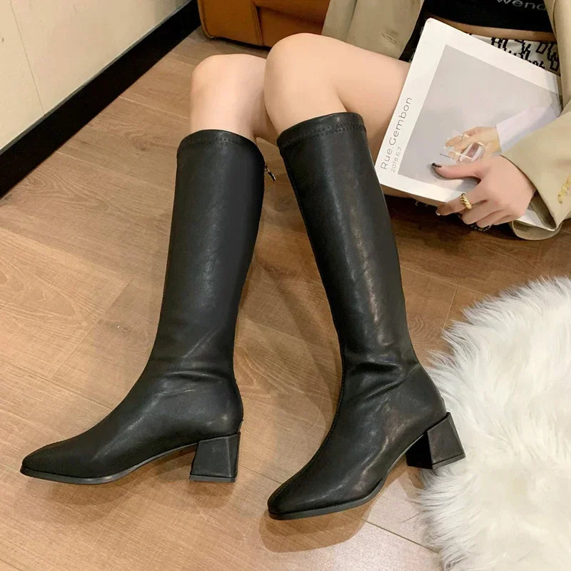 Women Boots 2023 Winter New Fashion Women Knee-High-Boots Soft Leather Long Booties Ladies Partys Square Heel Shoes Zapatos