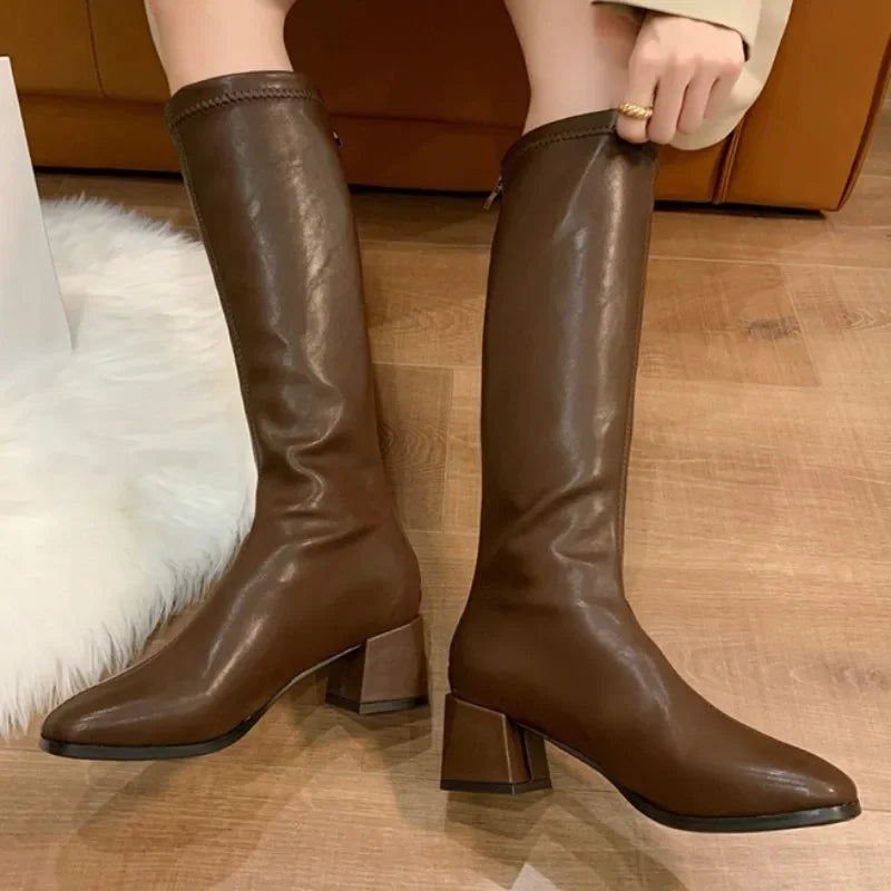 Women Boots 2023 Winter New Fashion Women Knee-High-Boots Soft Leather Long Booties Ladies Partys Square Heel Shoes Zapatos