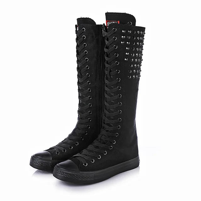 Women Canvas Boots Punk Rivet Shoes Slip On Flat Mid- Calf Sneakers Casual Comfortable Outdoor Soft Shoes Boot Plus Size 34-43