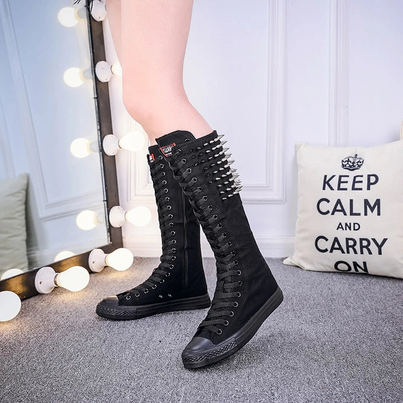 Women Canvas Boots Punk Rivet Shoes Slip On Flat Mid- Calf Sneakers Casual Comfortable Outdoor Soft Shoes Boot Plus Size 34-43