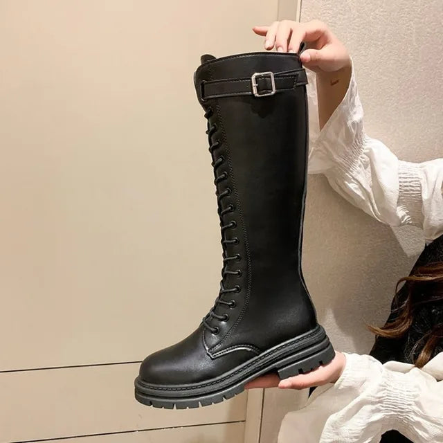 Women Combat Boots Antumn 2023 Female High Platform Gothic Shoes Black Leather Boots Lace Up Women Knee High Boots