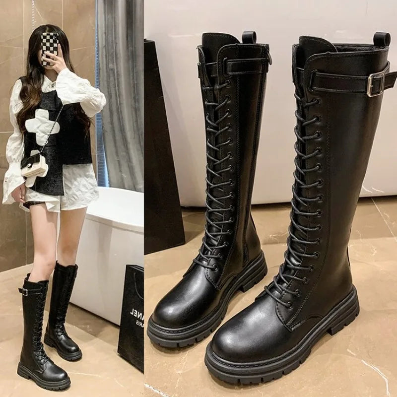 Women Combat Boots Antumn 2023 Female High Platform Gothic Shoes Black Leather Boots Lace Up Women Knee High Boots