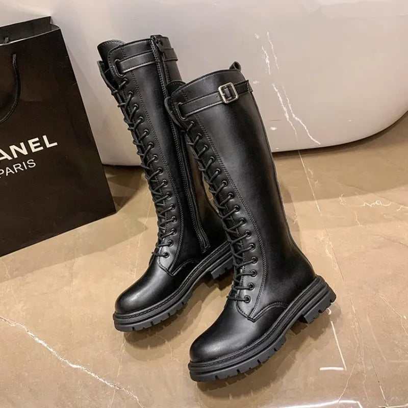 Women Combat Boots Antumn 2023 Female High Platform Gothic Shoes Black Leather Boots Lace Up Women Knee High Boots