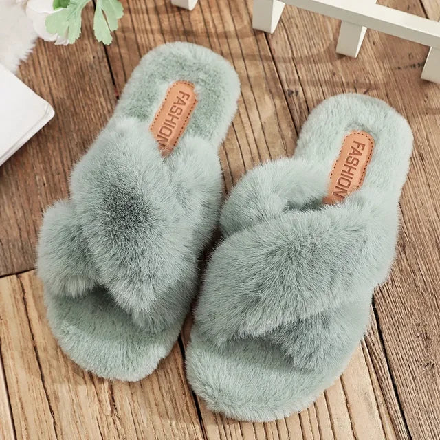 Women Fashion Warm Fluffy Slippers Cozy Faux Fur Cross Indoor Floor Slides Flat Soft Furry Ladies Female Celebrities Flip Flops