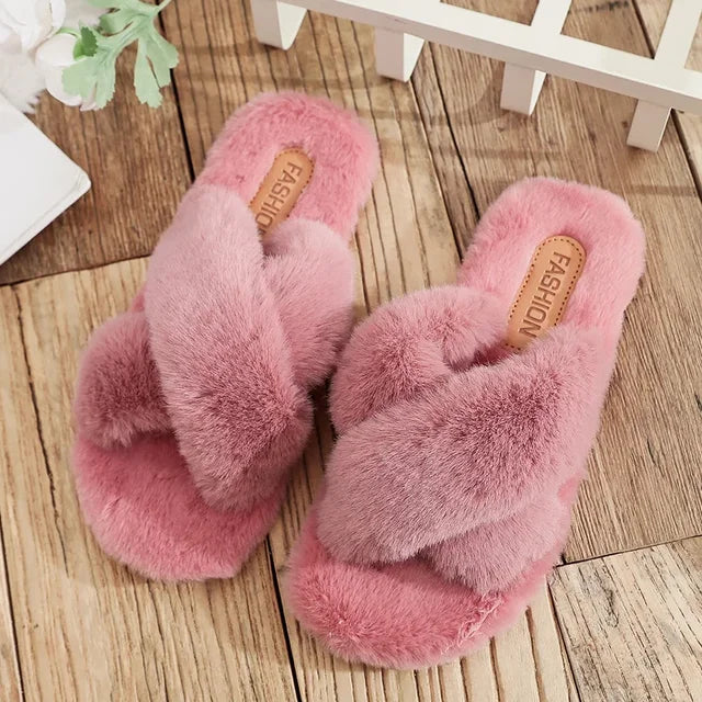 Women Fashion Warm Fluffy Slippers Cozy Faux Fur Cross Indoor Floor Slides Flat Soft Furry Ladies Female Celebrities Flip Flops