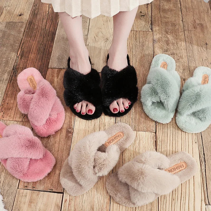 Women Fashion Warm Fluffy Slippers Cozy Faux Fur Cross Indoor Floor Slides Flat Soft Furry Ladies Female Celebrities Flip Flops