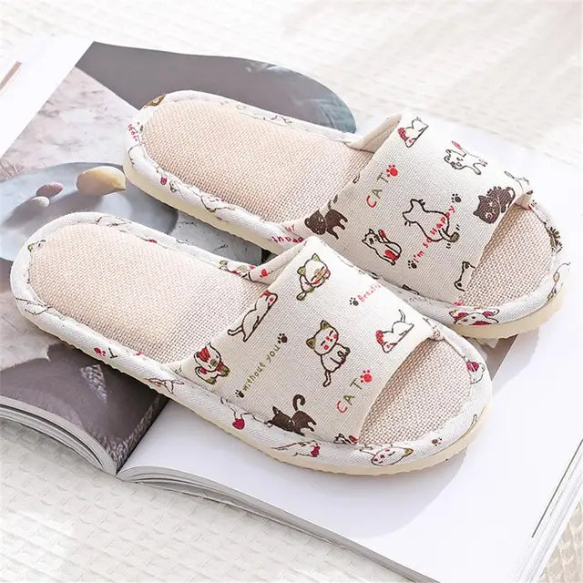 Women Home Slippers Indoor Floor Soft Couple Linen Slipper Floral Lightweight Unisex Bedroom Shoes Ladies Open Toe Flip Flops