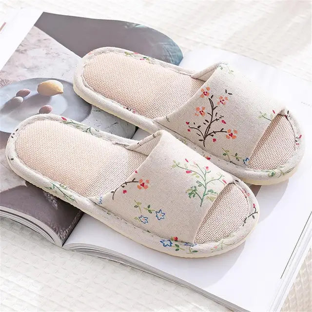 Women Home Slippers Indoor Floor Soft Couple Linen Slipper Floral Lightweight Unisex Bedroom Shoes Ladies Open Toe Flip Flops