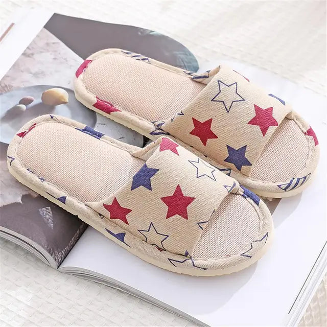 Women Home Slippers Indoor Floor Soft Couple Linen Slipper Floral Lightweight Unisex Bedroom Shoes Ladies Open Toe Flip Flops