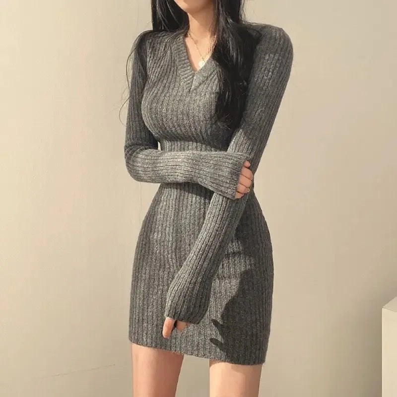 Women Knit Slim Sexy Bodycon Dress V-Neck Long Sleeve Dress Solid Casual Midi Sweater Dress For Women 2023 Autumn Winter