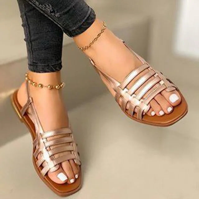 Women Slippers 2022 New Metal Striped Summer Flat Shoes Fashion Slip on Slides Outdoor Female Casual Women Sandals Plus Size 43