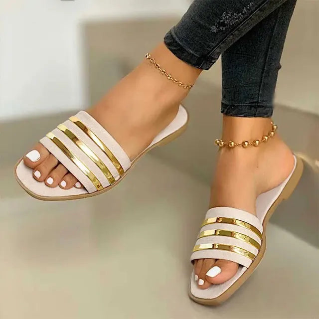 Women Slippers 2022 New Metal Striped Summer Flat Shoes Fashion Slip on Slides Outdoor Female Casual Women Sandals Plus Size 43