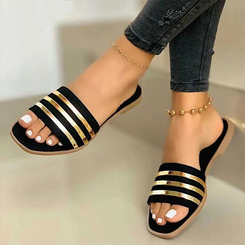 Women Slippers 2022 New Metal Striped Summer Flat Shoes Fashion Slip on Slides Outdoor Female Casual Women Sandals Plus Size 43