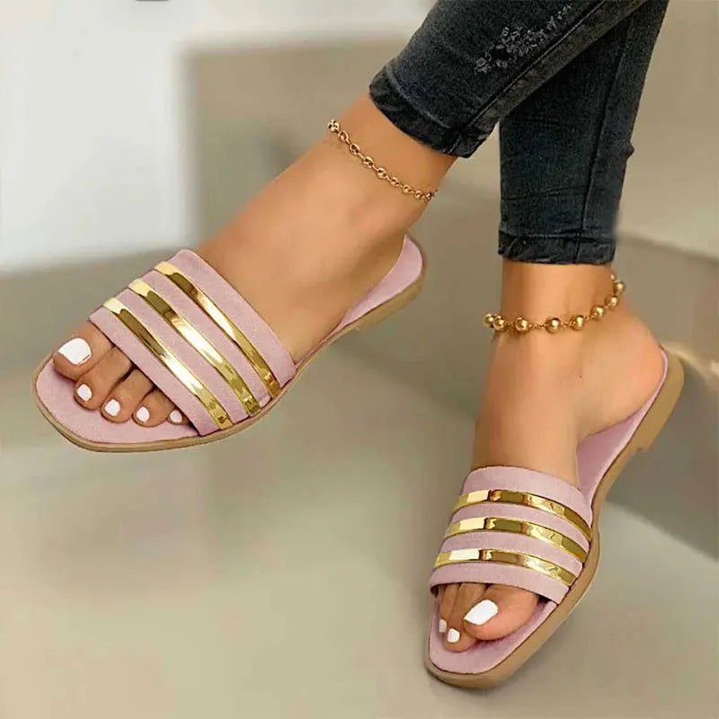 Women Slippers 2022 New Metal Striped Summer Flat Shoes Fashion Slip on Slides Outdoor Female Casual Women Sandals Plus Size 43