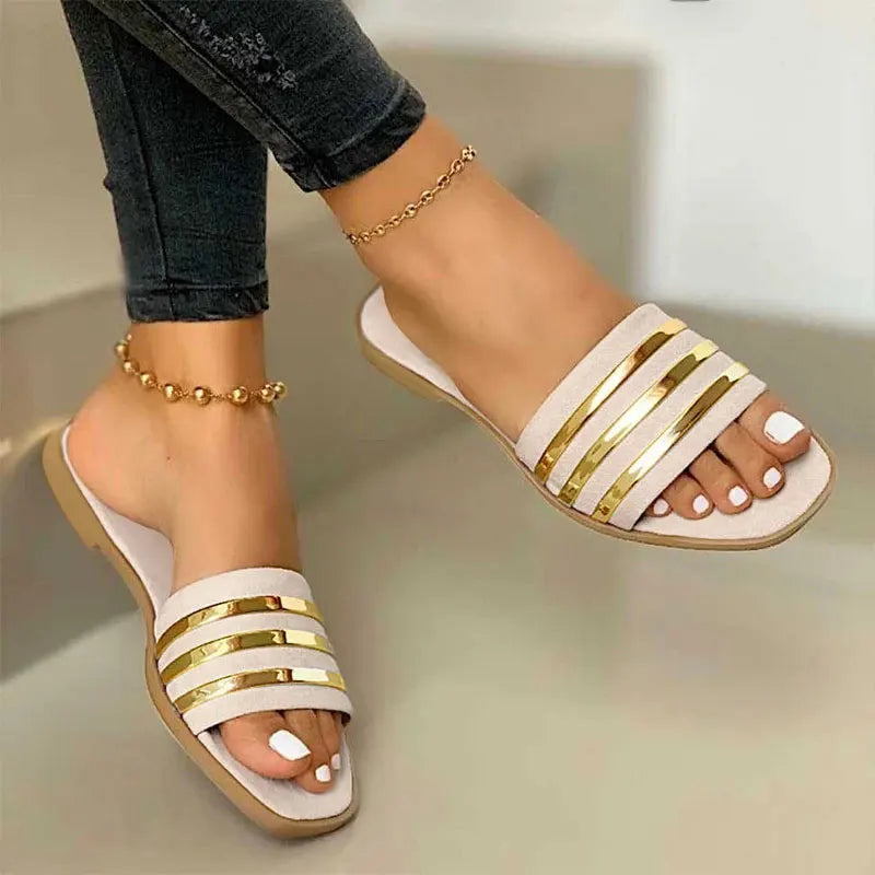 Women Slippers 2022 New Metal Striped Summer Flat Shoes Fashion Slip on Slides Outdoor Female Casual Women Sandals Plus Size 43