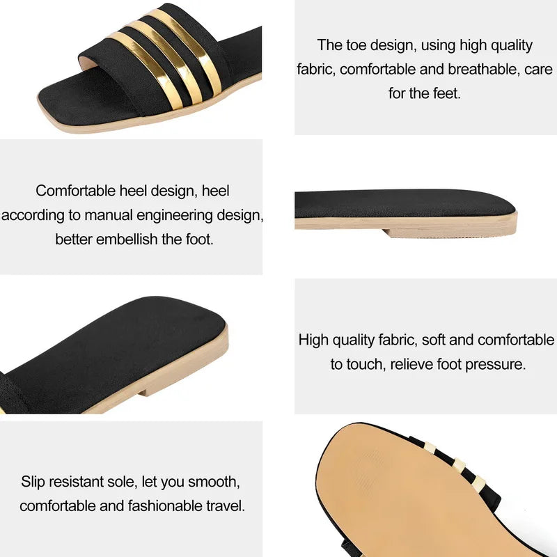 Women Slippers 2022 New Metal Striped Summer Flat Shoes Fashion Slip on Slides Outdoor Female Casual Women Sandals Plus Size 43