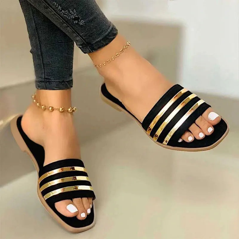 Women Slippers 2022 New Metal Striped Summer Flat Shoes Fashion Slip on Slides Outdoor Female Casual Women Sandals Plus Size 43