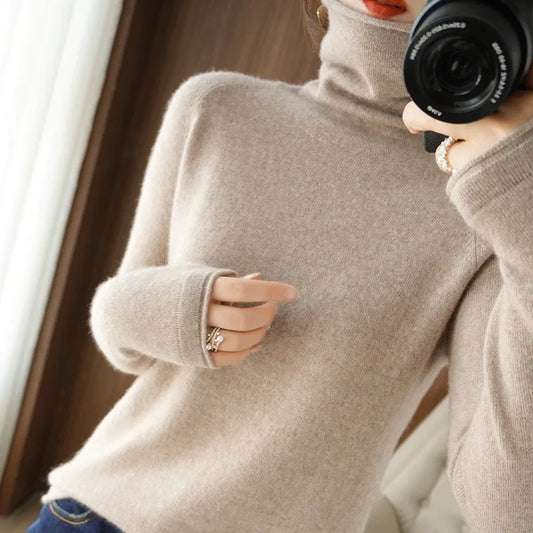 Women Sweater Autumn Winter Turtleneck Warm Knitwear Korean Casual Solid Bottoming Shirt Fashion Knit Pullovers Brown Sweater