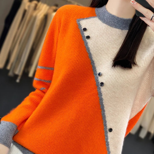 Women Sweater For Winter 100% Merino Wool O-neck Spliced Knit Button Top Autumn Long Sleeve Pullover Female Fashion Warm Jumper