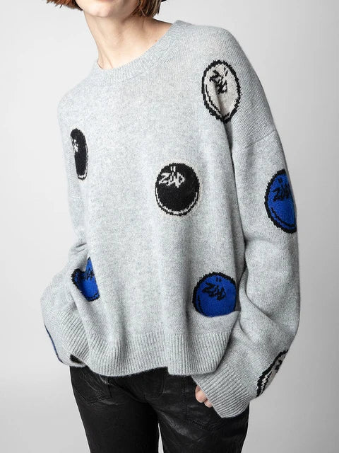 Women Sweater Heart Letter Embroidery O-Neck Long Sleeve Color Patchwork Casual 100% Cashmere Pullover