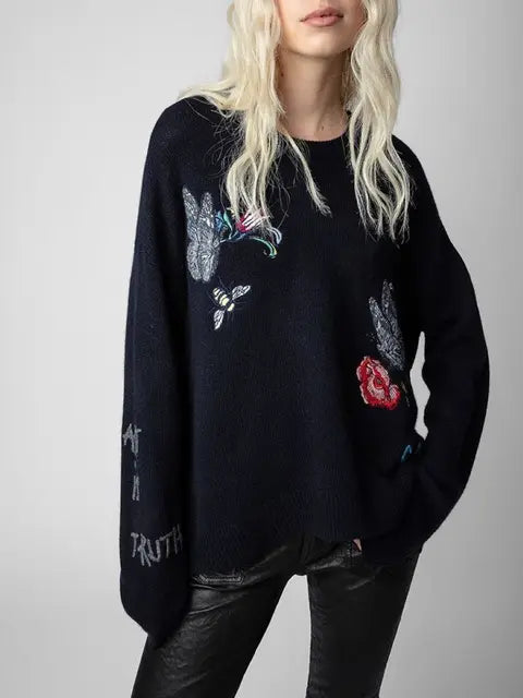 Women Sweater Heart Letter Embroidery O-Neck Long Sleeve Color Patchwork Casual 100% Cashmere Pullover