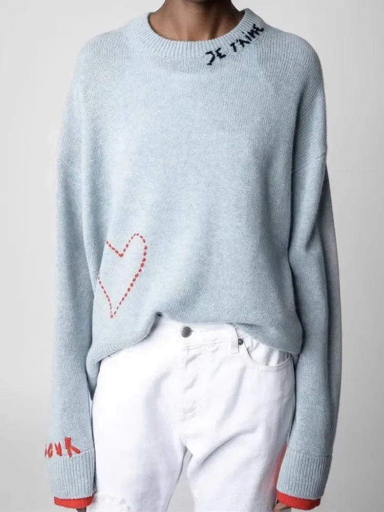 Women Sweater Heart Letter Embroidery O-Neck Long Sleeve Color Patchwork Casual 100% Cashmere Pullover