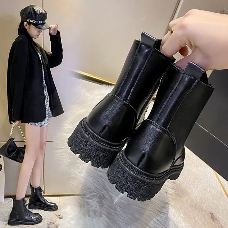 Women's Boots Autumn Winter High Combat Boots Women Platform Women Lace Up Woman Shoes Winter Biker Ankle Women's  Boots