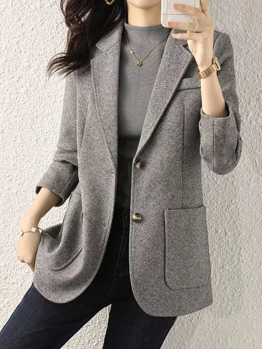 Zoki Harajuku Grey Tweed Blazer Women Retro Elegant Long Sleeve Office Lady Suit Coat Casual Fall Simple Buttons Design Jacket