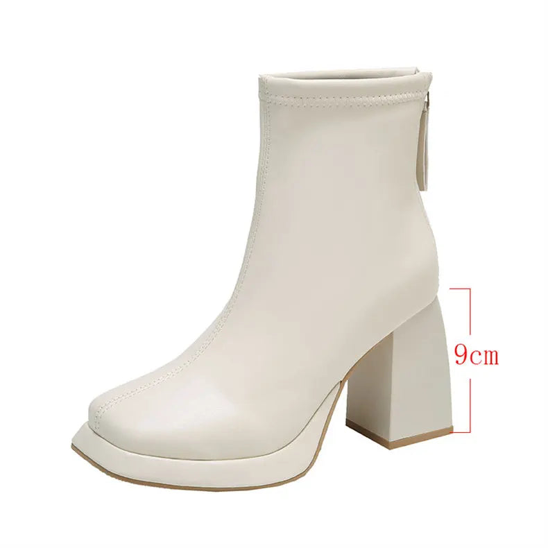 beige Women Ankle Boots Platform Square High Heel Ladies Short Boots Patent PU Leather Round Toe Women's Boots 2023