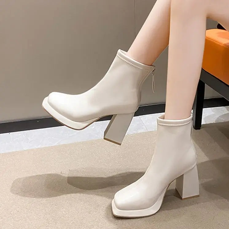 beige Women Ankle Boots Platform Square High Heel Ladies Short Boots Patent PU Leather Round Toe Women's Boots 2023