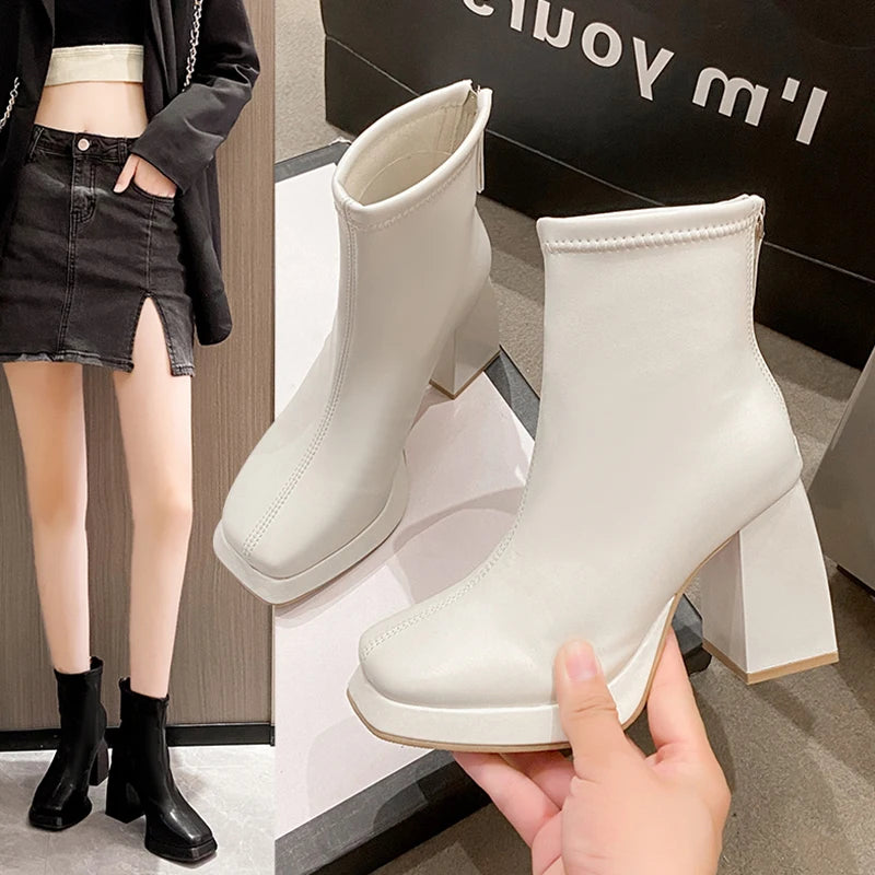 beige Women Ankle Boots Platform Square High Heel Ladies Short Boots Patent PU Leather Round Toe Women's Boots 2023