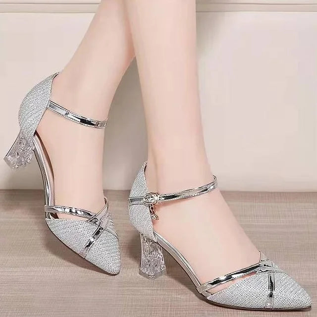 sandals women 2023 Fashion High Quality Wedding Ladies Gold Party Nightclub High Heels Pointed Toe Sequin Buckle shoes for women